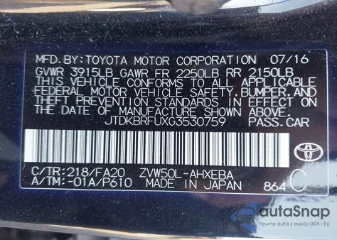 2016 Toyota Prius Two from USA, damaged, VIN JTDKBRFUXG3530759